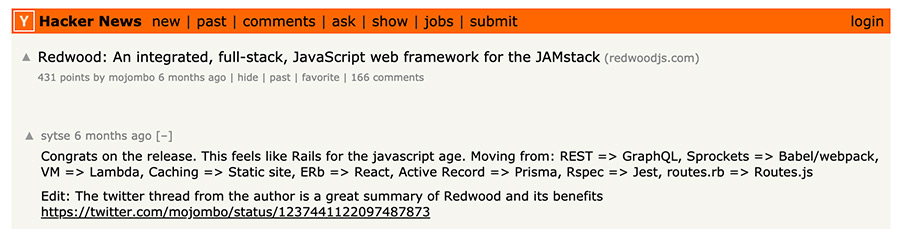 Hacker News Post on RedwoodJS